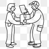 Png parcel delivery service sticker, online shopping doodle character line art on transparent background