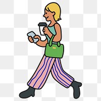 Png woman holding coffee cup sticker, daily routine character doodle on transparent background