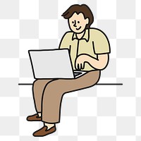 Png man using laptop sticker, job cartoon character doodle on transparent background