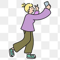 Png woman taking selfie sticker, social media cartoon character doodle on transparent background