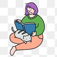 Png woman reading book sticker, hobby cartoon character doodle on transparent background