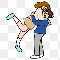 Png couple jumping hug sticker, love cartoon character doodle on transparent background