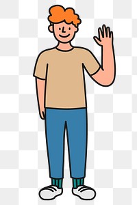 Png happy man waving sticker, person cartoon character doodle on transparent background