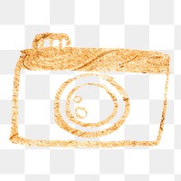 Camera png sticker, gold glittery doodle, transparent background