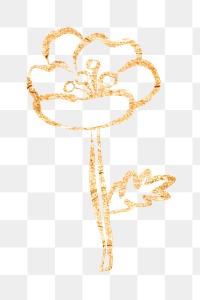 Blooming flower png sticker, gold glittery doodle, transparent background