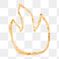 Fire flame png sticker, gold glittery doodle, transparent background