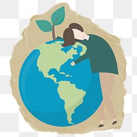 Person hugging globe png sticker, ripped paper, transparent background