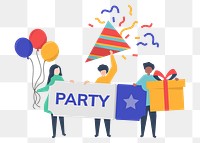 Birthday party illustration png, cartoon characters on transparent background