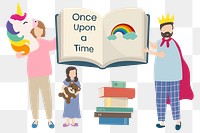 Parents read to kid png, bedtime story flat design character transparent background
