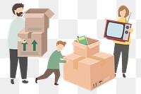 Family moving house png cartoon clipart, home life illustration on transparent background