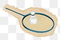 Badminton racket png shuttlecock sticker, ripped paper, transparent background