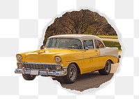 Png yellow classic car sticker, vintage vehicle photo in ripped paper badge, transparent background