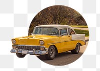 Png yellow classic car badge sticker, vintage vehicle photo, transparent background