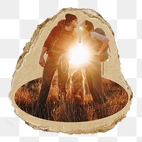 Backpacking couple png sticker, ripped paper, transparent background