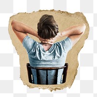 Man stretching png sticker, ripped paper, transparent background
