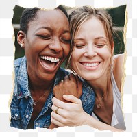 Png happy lesbian couple, ripped paper, LGBTQ image, transparent background