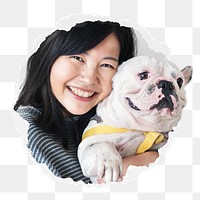 Woman png hugging puppy sticker, pet photo in ripped paper badge, transparent background