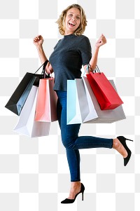 Png woman carrying shopping bags sticker, transparent background