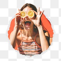 Happy woman png holding oranges sticker, Summer photo in ripped paper badge, transparent background