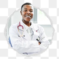 Doctor png sticker, professional healthcare photo in ripped paper badge, transparent background