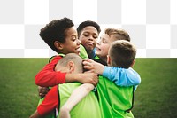 PNG Junior football team hugging each other, collage element, transparent background