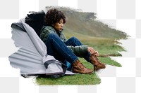 PNG Woman tying her shoelaces by her tent, collage element, transparent background