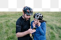 PNG Cyclists checking the route on a phone, collage element, transparent background