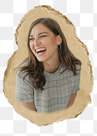 Businesswoman laughing png sticker, ripped paper, transparent background