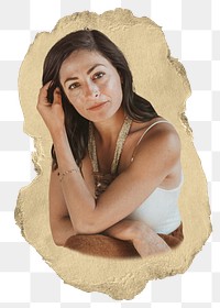Attractive brunette png woman sticker, ripped paper, transparent background