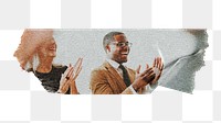 Png black businessman clapping, washi tape, transparent background