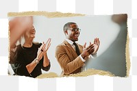 Png black businessman clapping, ripped paper, transparent background