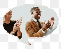 Png black businessman clapping sticker, ripped paper speech bubble, transparent background