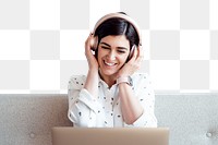 Woman png listening to music border, transparent background