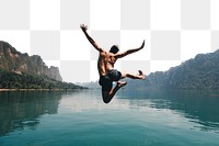 PNG Man jumping with joy by a lake, collage element, transparent background