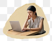 Woman working png on laptop sticker, ripped paper, transparent background