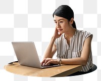 Woman working png on laptop sticker, transparent background