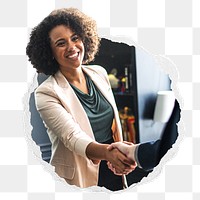 Businesswoman png shaking hand sticker, business photo in ripped paper badge, transparent background