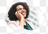 Businesswoman png talking on phone sticker, networking photo in ripped paper badge, transparent background