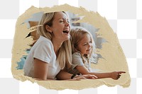 Mother laughing png with daughter sticker, ripped paper, transparent background