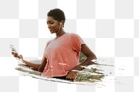 PNG Woman listening to music from the phone, collage element, transparent background