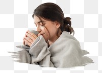 Cozy woman png drinking hot tea sticker, transparent background