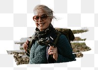 PNG Senior tourist woman walking at the beach, collage element, transparent background