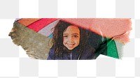 Png Little girl holding umbrella, washi tape, transparent background