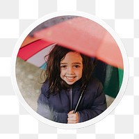 Png Little girl holding an umbrella sticker, circle frame, transparent background