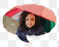 Png Little girl holding umbrella sticker, ripped paper speech bubble, transparent background