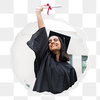 Png girl in graduation gown sticker, education photo in ripped paper badge, transparent background
