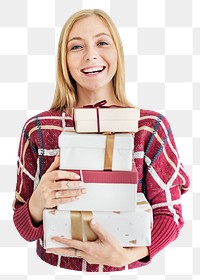 Woman png carrying gift boxes sticker, transparent background