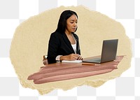 Businesswoman png working on laptop sticker, ripped paper, transparent background