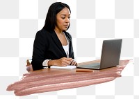 Businesswoman png working on laptop sticker, transparent background