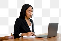 Businesswoman png working on laptop sticker, transparent background